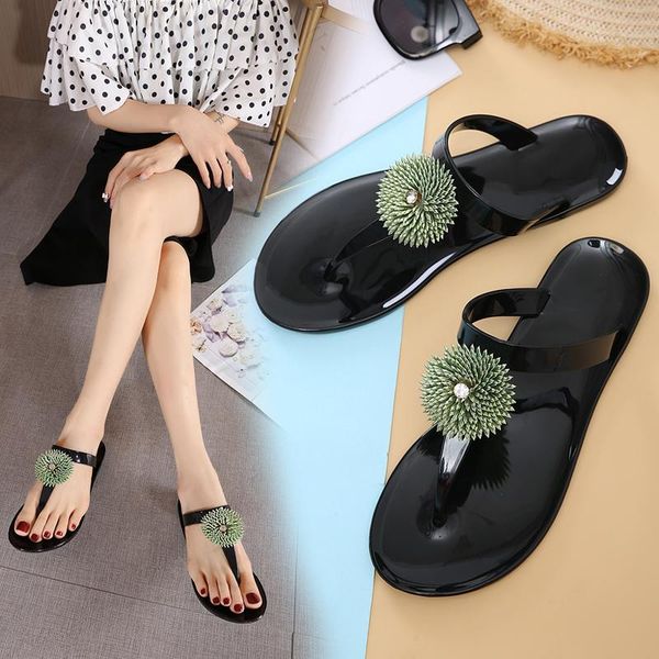 

slippers fashion women flip flop bohemian style beautiful green grass jelly flat (size 36-41), Black