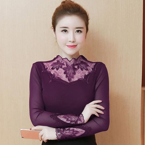 

women's blouses & shirts women lace stitching turtleneck slim shirt long sleeve embroidery fashion o neck blouse, White