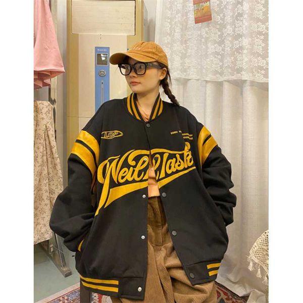 

women's jackets 2021 spring oversized v-neck coats streetwear ins letter baseball jacket vintage harajuku girls college style, Black;brown