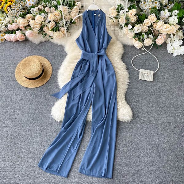 

2021 new primavera outono escritrio senhoras sem mangas slidos macaces com decote em v cintura alta faixas casual macaco playsuits, White;black