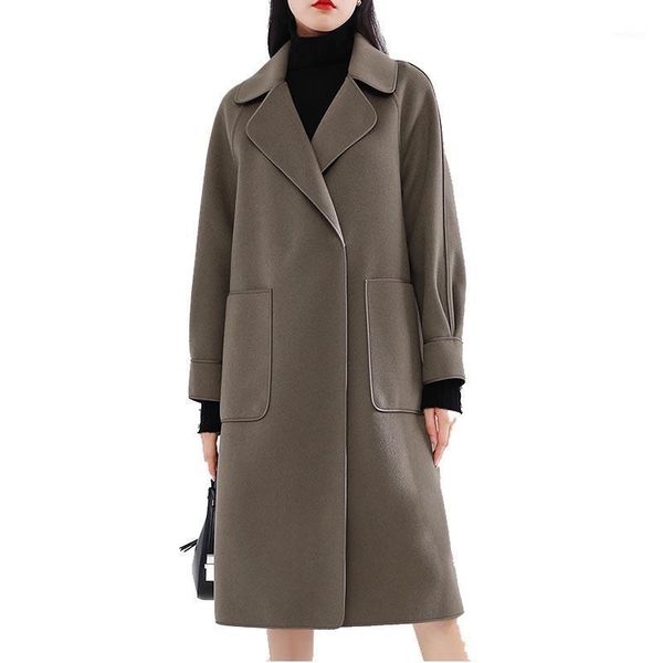 

women's wool & blends double cashmere long coat women winter loose simple vintage elegant office lady overcoat 2021 trendy m569, Black