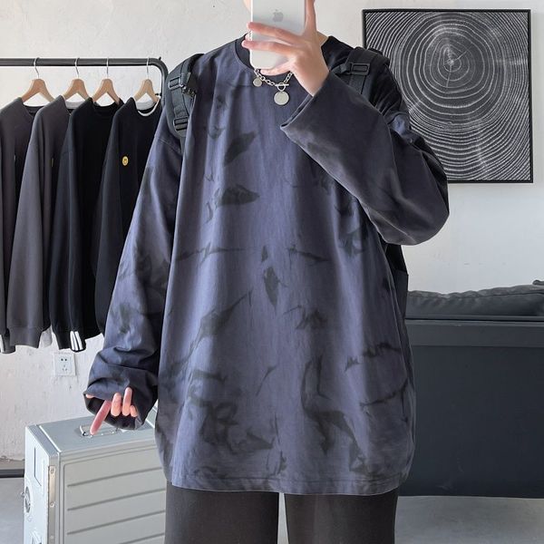 

2021 new spring tie-dye t-shirt men's fashion retro casual o-neck t shirt men streetwear long-sleeved tshirt mens m-2xl 42ii, White;black