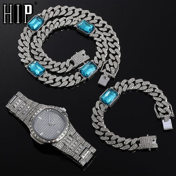 

hip hop 12mm 3pcs kit watch+square necklace+bracelet bling crystal aaa+ iced out cuban rhinestones chains for men jewelry x0509, Black