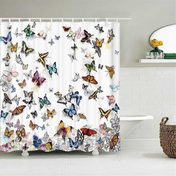 Piume di farfalla colorate Tende da doccia 3d Tenda da bagno con ganci Schermo decorativo in tessuto di poliestere 180x240 impermeabile 211116