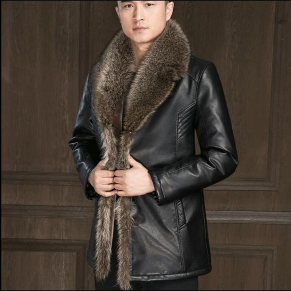 

men's fur & faux s-4xl winter genuine leather jackets coat men sheep skin warm business plus size overcoat, Black