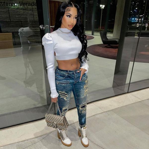 

women's jeans meren verado 2021 women mom fashion mid waist white inkjet hold y2k denim pants, Blue