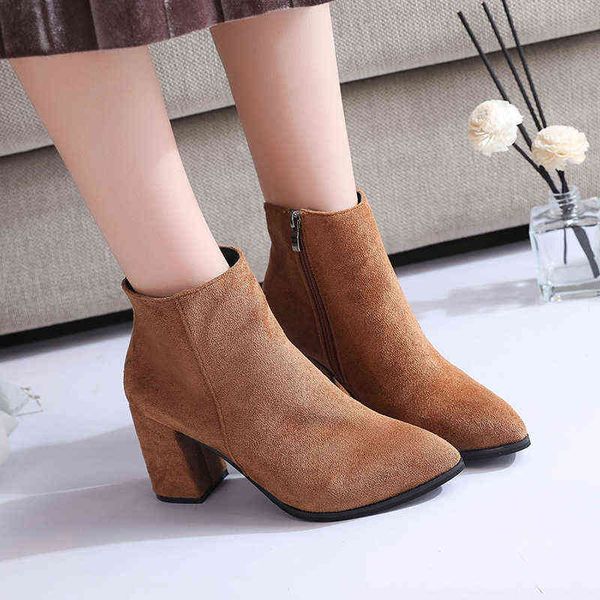

fashion women boots flock high heels ankle boots female zipper square warm plush winter boots casual shoes woman botines mujer y1105, Black
