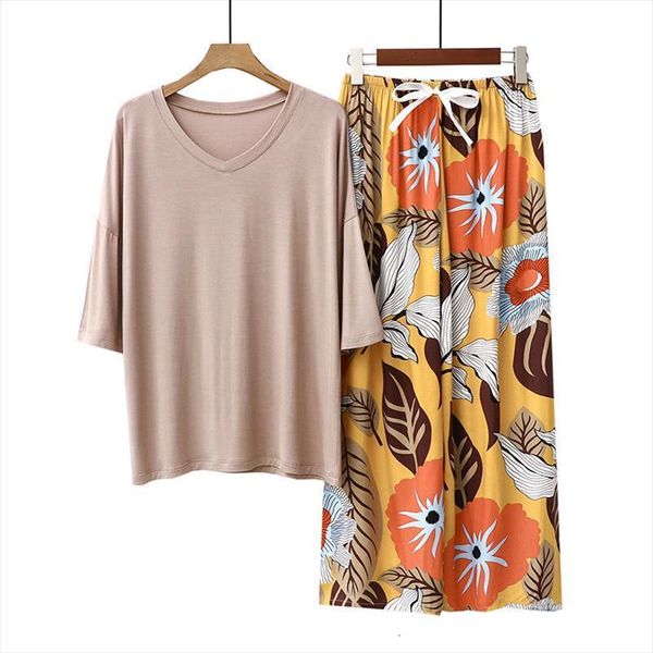 

summer print 2pcs pajamas sets womens sleepwears loose 3 4 sleeve t shirt amp pants pyjamas suit sleepwear nightwear cotton, Black;red