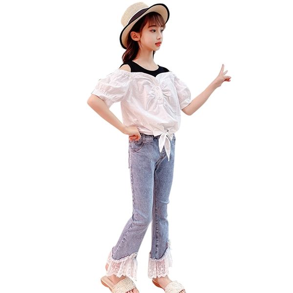 

teen girls clothing blouse + denim jeans tracksuits for patchwork clothes teenage kids 210527, White
