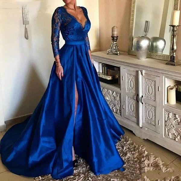 

2021 new royal blue v-neck lace prom es high split long sleeves satin evening gowns plus size vestidos de festa 3iw8, White;pink