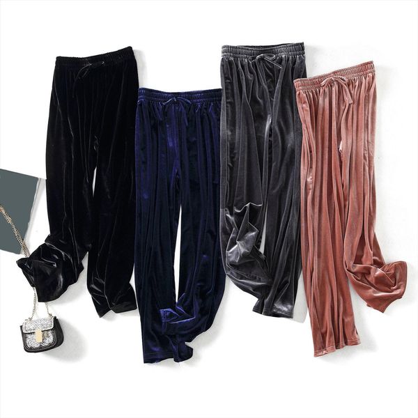 

gold velvet wide leg women capris autumn winter sports leisure high waist large size slim trousers, Black;white