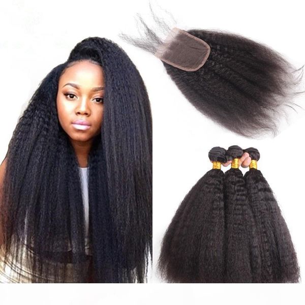 

stock mongolian kinky straight hair 3pcs with 4*4 lace closure italian yaki mongolian human hair weave bundles with closure 4pcs lot, Black