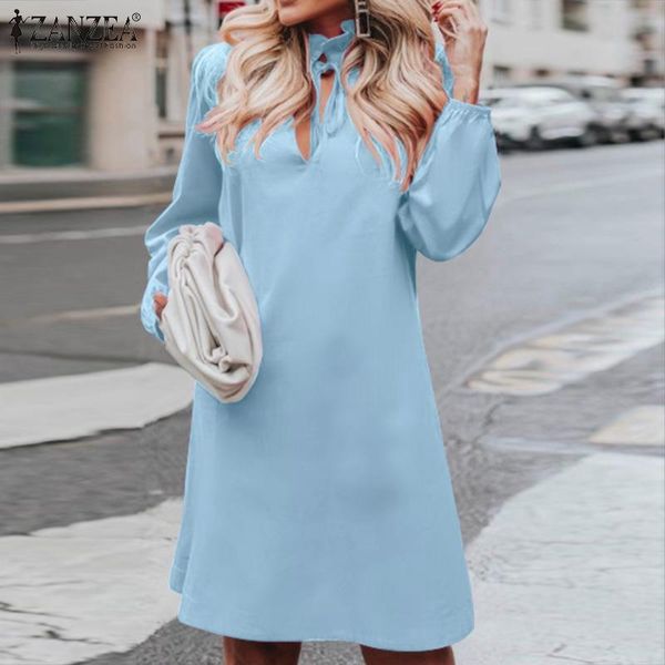 

casual dresses bohemian women ruffle zanzea 2021 summer bandage knee length vestidos solid puff sleeve loose oversized sundress, Black;gray