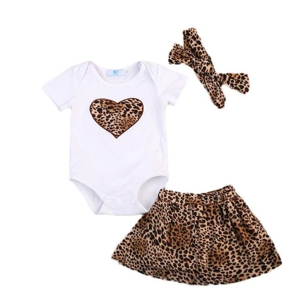 

clothing sets short sleeve bodysuit and leopard skirt with headband 3pcs set for baby girl clothes, White