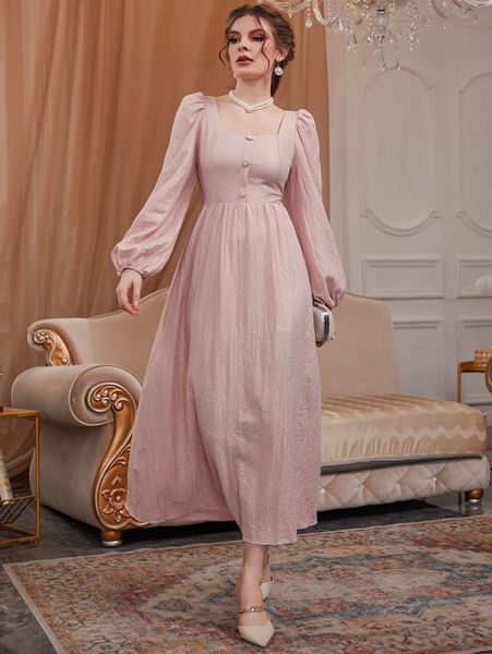 

square neck lantern sleeve a-line dress k2ie#, Black;gray