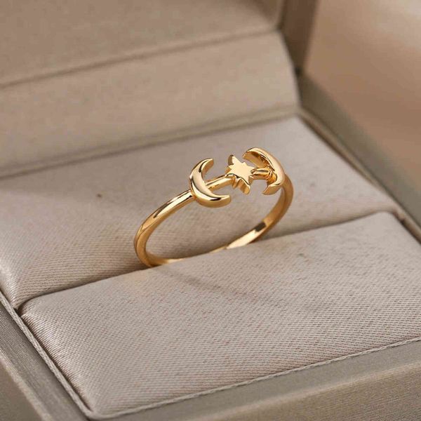 

moon star rings for women stainless steel gold vintage crescent moon polaris finger ring unique jewelry gift bijoux femme g1125, Slivery;golden