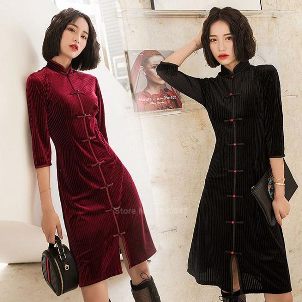 

ethnic clothing autumn winter velvet women cheongsam dress traditional chinese wedding dresses for girl year elegant qipao tang suit, Red