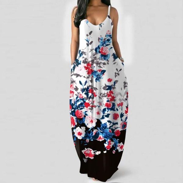 

casual dresses vintage floral print beach dress 2021 summer boho long for women spaghetti strap pocket clothing vestidos, Black;gray