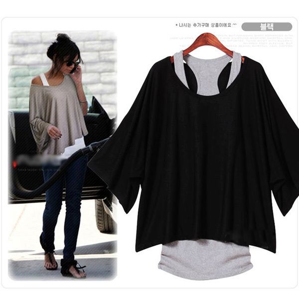 

euro fashion loose casual short sleeve t-shirts women's batwing sleeve ( tank + t shirt) 0340 210306, White