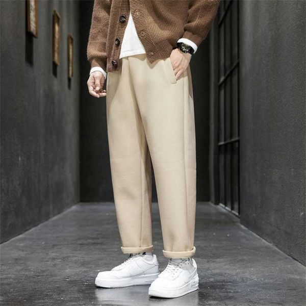 

hybskr autumn winter woolen men's harem pants harajuku thicken man casual straight pants elastic waist male trousers 220108, Black