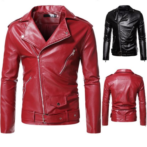 

2021 autumn and winter european and american men's lapel leather jacket business casual zipper decoration motorcycle leather jacket, Black