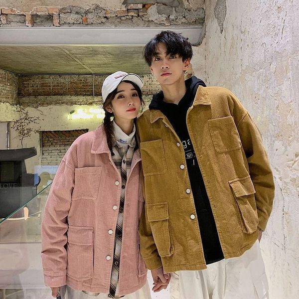 

autumn korean corduroy jacket men's fashion solid color multi-pocket pleated jacket men streetwear loose couple m-xl, Black;brown