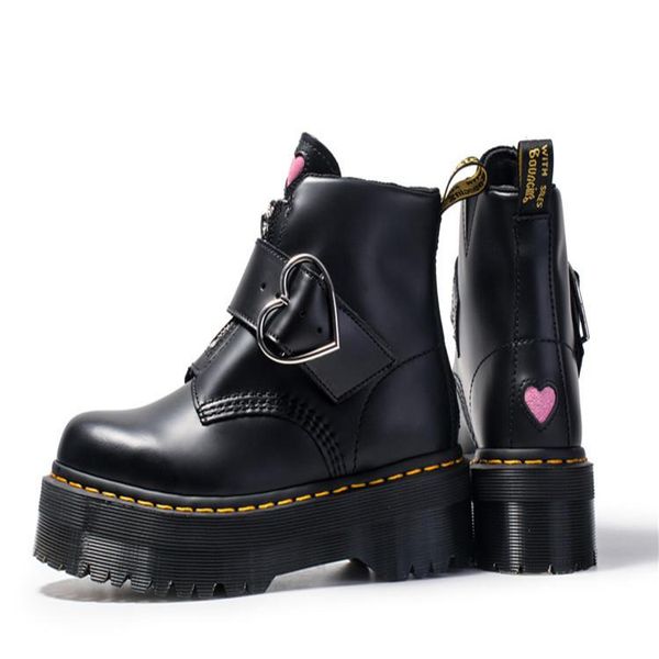 

boots women motorcycle shoes winter platforms ankle female chunky leather gothic booties woman square heels, Black