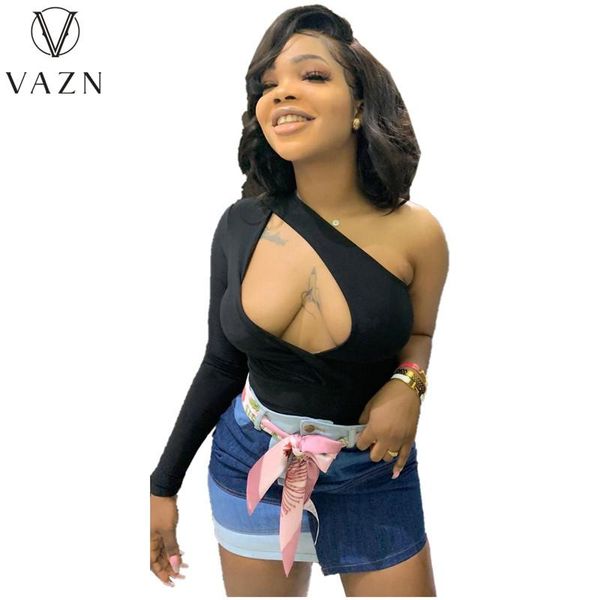 

vazn european and american summer women's nightclub hollow shoulder tight solid color t-shirt, White