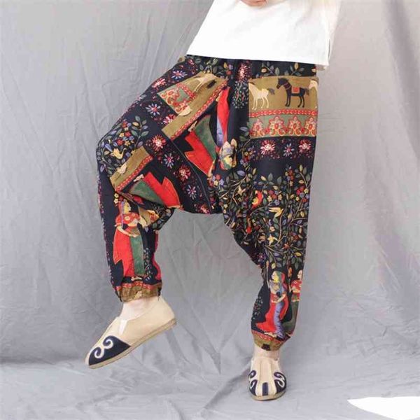 

vintage printed men harem pants hip-hop cotton baggy loose wide leg ethnic style trousers streetwear 210715, Black