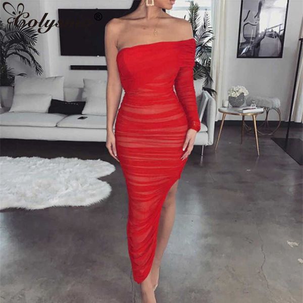 Colysmo Off Schulter Sexy Kleid Frauen Sommer Plissee Hight Split Lange Bodycon Geraffte Mesh Party Club Elegante es 210527