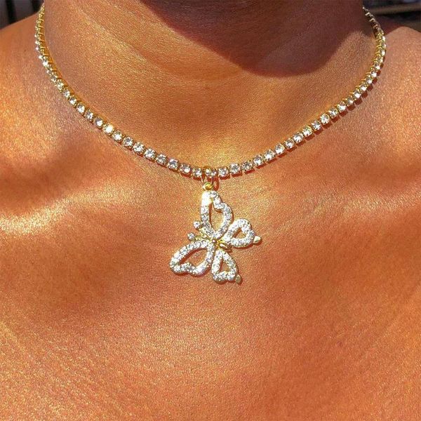 

chokers 2021 y2k fashion jewelry crystal butterfly pendant necklace for women metal vintage charms short choker 90s style gifts, Golden;silver
