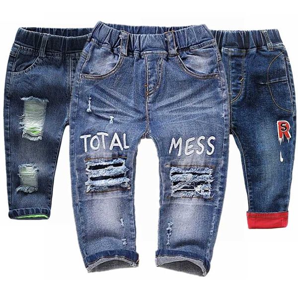 0-4T Детские джинсы младенческие хлопчатобумажные растягивающие джинсовые брюки Детские брюки разрываемые отверстия Bebe Одежда одежда Babe 1 2 3 211102