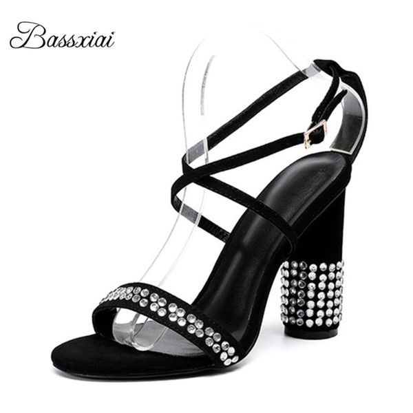

sandals cross strappy narrow band rhinestone women jeweled crystal round heels luxury suede summer sandalias mujer, Black