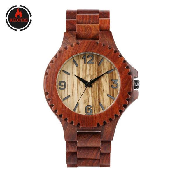 

wristwatches redfire luxury red wood mens watches gear wheel design casual men natural wooden clock folding clasp full watch band reloj, Slivery;brown