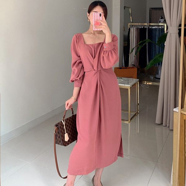 

2021 new design square collar solid waist sleeve long slit ankle-length es for women c8hg, Black;gray