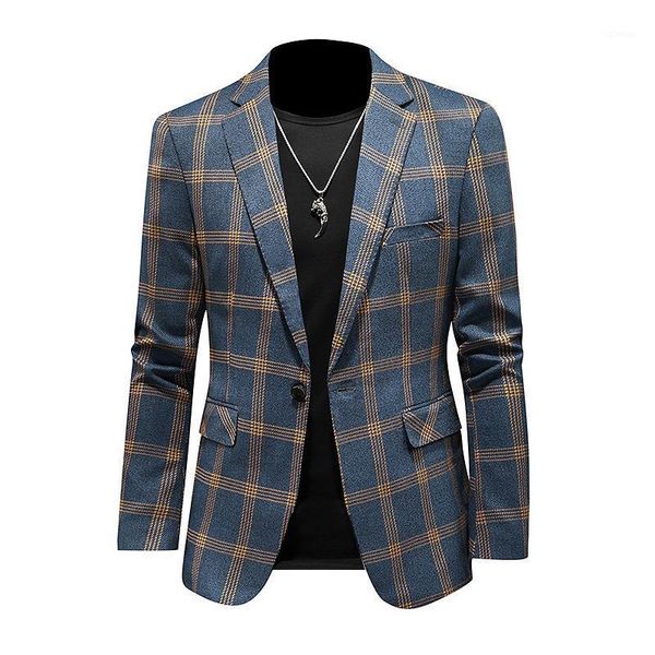 

men's suits & blazers 2021 casual suit jacket korean slim drop coat business long sleeves button blue plaid blazer, White;black