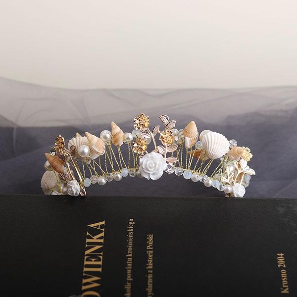 

hair clips & barrettes bride jewelry handmade starfish pearl shell conch alloy crown wedding yarn headdress po studio accessories wholesale, Golden;silver