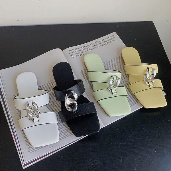 

slippers beach flip flops sandal summer shoes sandalias mujer 2021 fashion brand metal chain women square toe flat casual slides, Black