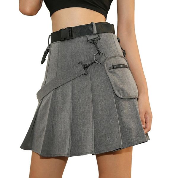 

skirts harajuku mini pleated women high waist casual girls skirt with belt and pocket female bottoms gray, Black