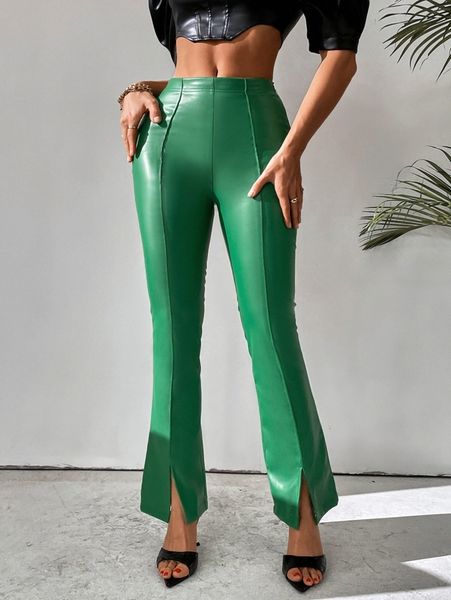 

pu high waist slit hem flare leg pants m88t#, Black;white