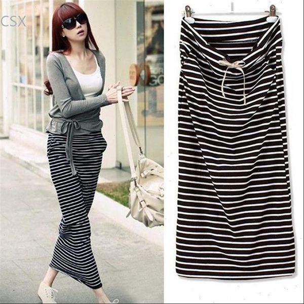 

female 2021 cotton long skirt women stripe high waist skirts black white splicing texture ankle length skirts vestido