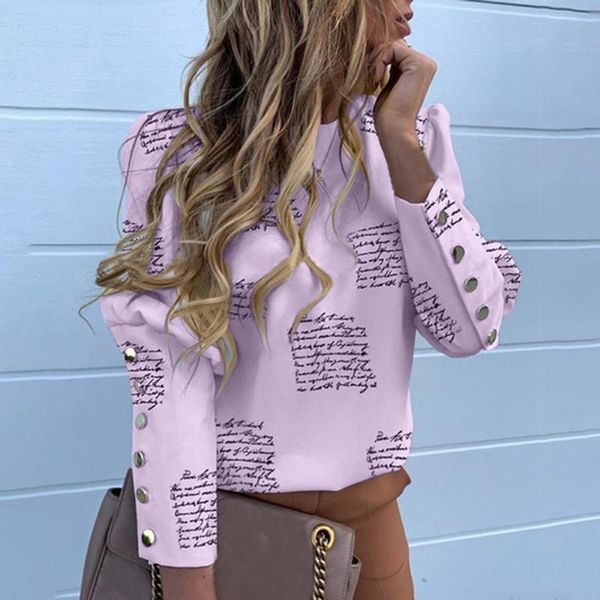 

women's blouses & shirts puff shoulder blouse office lady 2021 metal buttoned detail women pineapple print long sleeve, White