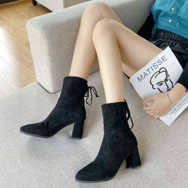 

women ankle boots 2020 black flock winter spring fashion med high heel boots for ladies pointed toe slip on lace up women shoes y1105