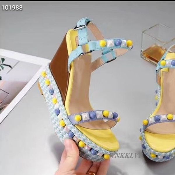 

sandals female platform wedge high heel summer 2021 ankle strap colorful pearled rivets decor shoes girls sandalias feminina, Black