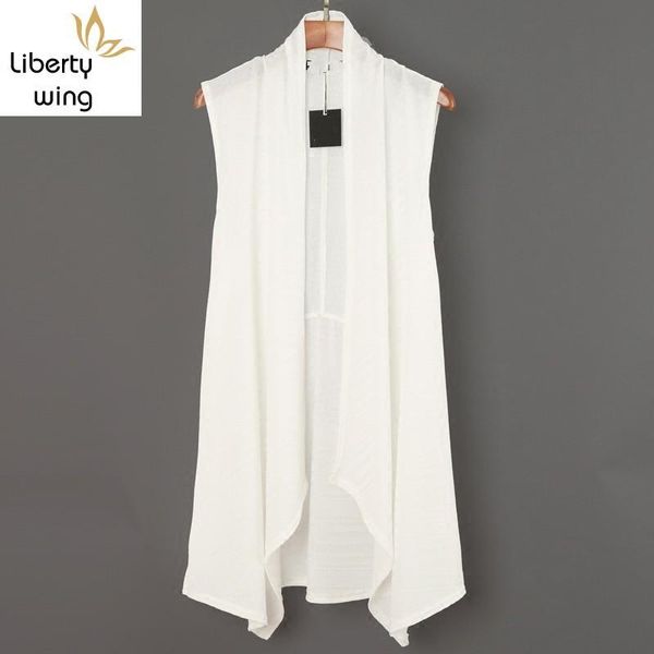 

men's vests asymmetrical personality summer solid thin mens sleeveless casual see through slim cardigan medium length waistcoats, Black;white