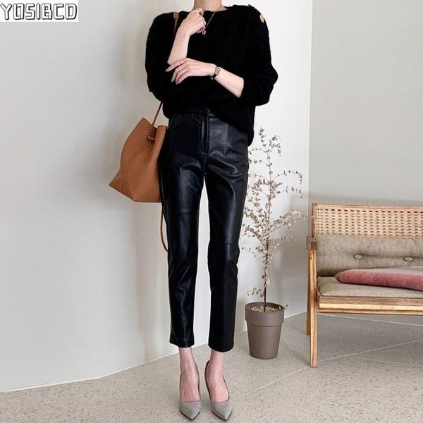 

women's pants & capris leather faux high waisted harem women fashion female pu ankle trousers, Black;white