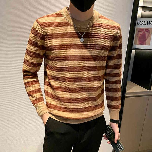 

brand striped men's sweater fashion round neck long sve slim fit knitted pullovers casual busins social knitwear 2021, Black