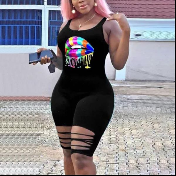 

umeko 2021 ladies summer vogue lips printed sleeveless rompers fashion plus size slim fit soft one piece short jumpsuit overalls, Black;white