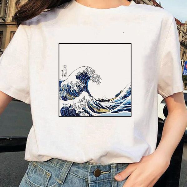 

2021 the great wave of aesthetic t-shirt women tumblr 90s and so it is ocean fashion graphic tee cute summer casual t shirt, White