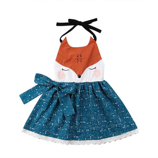 Cute Toddler Kids Girls Senza maniche Backless Halter Cartoon Fox Summer Party Dress Sundress Q0716